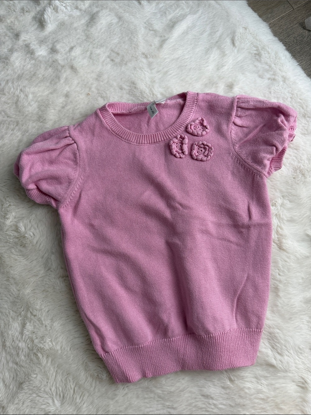 Janie and Jack Pink Puff-Sleeve Knit Top with Floral Appliqués